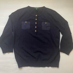 Lauren Ralph Lauren Navy Blue Cotton 3/4 Sleeve Sweater W Gold Tone Buttons LG
